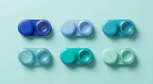 six blue and green colored contact lens containers sitting on a green background