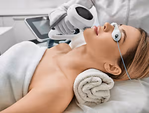 Woman undergoing a facial laser treatment in a clinic
