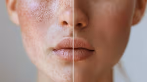 Before and after image of a woman's face with noticeable freckles on the left side and a smoother complexion on the right