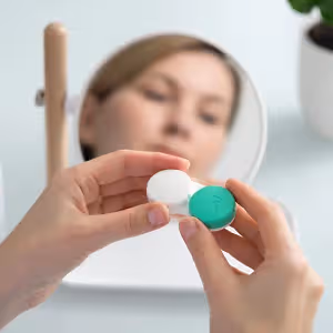 A person is holding a lens container with a green lid in their hands in front of a mirror.