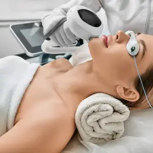 A woman receiving a facial treatment at a salon with a machine on her face and a towel nearby.