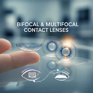 Bifocal and Multifocal Contact Lenses are shown on a table with a finger pointing to them