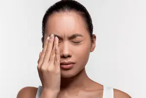 Asian woman with hand on forehead, looking away from the camera