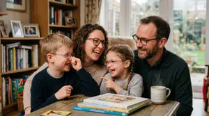 A family with two kids and parents are sitting at a table with books, and they are smiling.