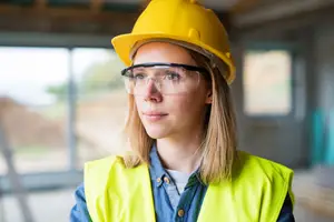 woman in yellow helmet and safety glasses looking at the camera