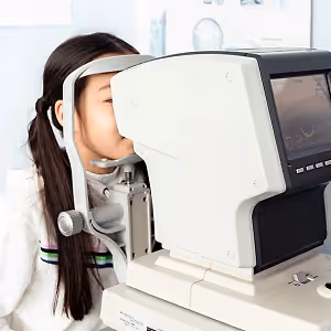 Girl using an eye exam machine