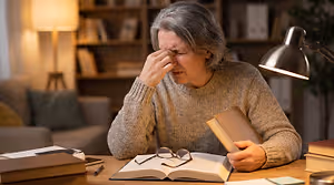 An elderly woman is sitting at a desk with a book and a lamp, looking exhausted and covering her face with her hand.