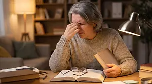 An elderly woman is sitting at a desk with a book and a lamp, looking exhausted and covering her face with her hand.