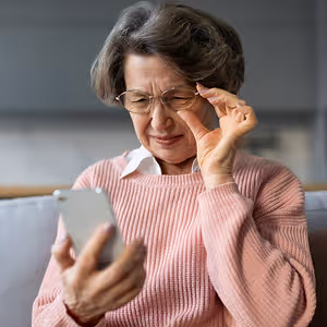 senior woman having difficult time see phone