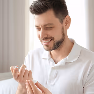 man holding contact lenses