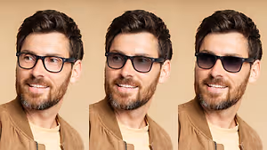 Three images of a man with a beard wearing different types of glasses and smiling