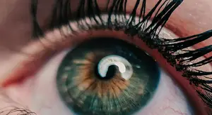 Close-up of a woman's eye with long eyelashes, slightly blurry iris, and a reflection of light