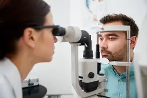 A man is having his eyes examined by an optometrist in an office.