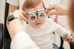 An optometrist is adjusting the glasses on a baby's face in an office.