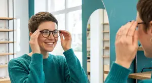 A woman in a turquoise sweater looking at herself in a mirror while trying on glasses.