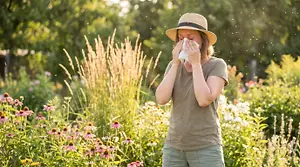 Woman in a garden sneezing into a tissue
