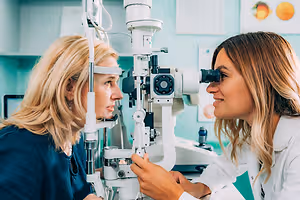A woman doctor examining the eye of a woman patient in a clinic