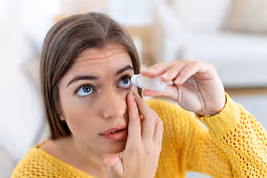 A woman in a yellow sweater uses eye drops while sitting on a couch with pillows in the background.