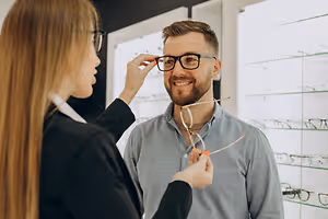 A smiling man is trying on glasses in a store with a woman helping him.