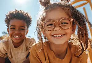 Two children smiling and posing for a photo in a park