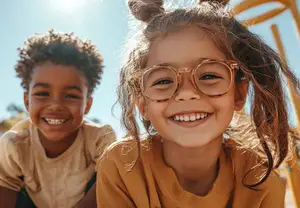 Two children smiling and posing for a photo in a park