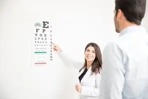 A woman in a white coat points to an eye chart on a wall, while a man in a white shirt stands beside her and watches.