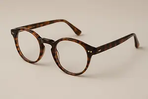 A pair of glasses with brown frames and clear lenses.