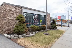 A brick building with glass windows and a sign that says North Optician on the front side, along with a small garden with plants, a pole with a board, and a gas station in the distance