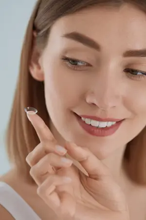 woman putting in contact lens