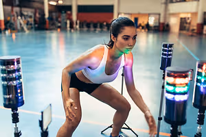 A woman in a gym, preparing for an exercise, with a focus on her stance and the colorful lights in the background.