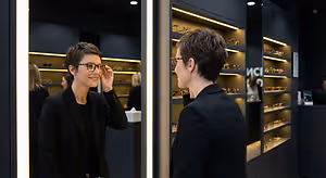 A woman is trying on glasses in a boutique, while a man watches her.