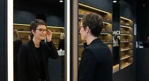 A woman is trying on glasses in a boutique, while a man watches her.