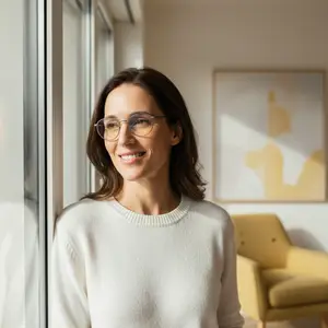 A woman with glasses looking out of a window into a living room.