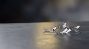 Three clear glass contact lenses sit on a metallic surface in the foreground.