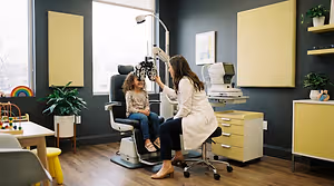 An optometrist is examining a child's eyes in a doctor's office.
