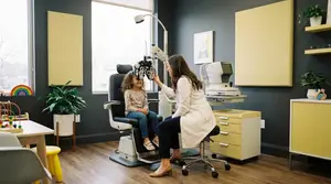 An optometrist is examining a child's eyes in a doctor's office.