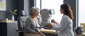 An older woman is sitting in a chair and looking into an eye machine while a doctor stands next to her in a clinic.