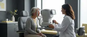 An older woman is sitting in a chair and looking into an eye machine while a doctor stands next to her in a clinic.