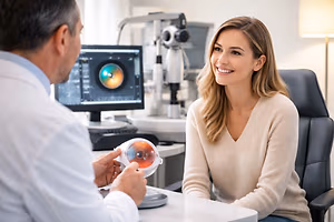 Woman having an eye examination with a doctor in an office