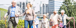 Group of elderly people shopping in a city park