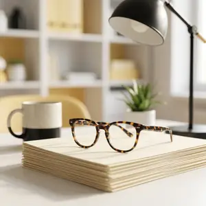 A desk with a stack of papers, a mug, and a pair of glasses.