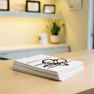 A stack of white papers with glasses on top of a wooden desk in an office room.
