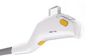Image of a Stellar IPL device with two yellow buttons and the words Stellar IPL
