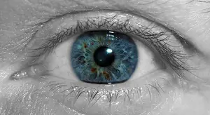 Close-up of a blue eye with visible veins and specks on the iris