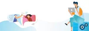 An illustration of a woman using a laptop while a man is using a calculator with a speech bubble in between them