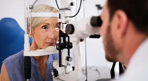 An elderly woman is getting her eyes checked by a doctor in a medical office.