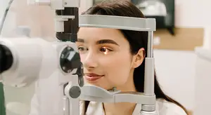 A woman is having her eyes examined by a doctor in an office