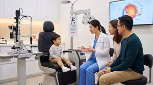 A doctor is sitting with a family of four and the young boy is sitting on a chair in front of an eye exam machine.