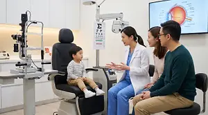 A doctor is sitting with a family of four and the young boy is sitting on a chair in front of an eye exam machine.