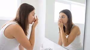 A woman is putting a contact lens into her eye in front of a mirror.